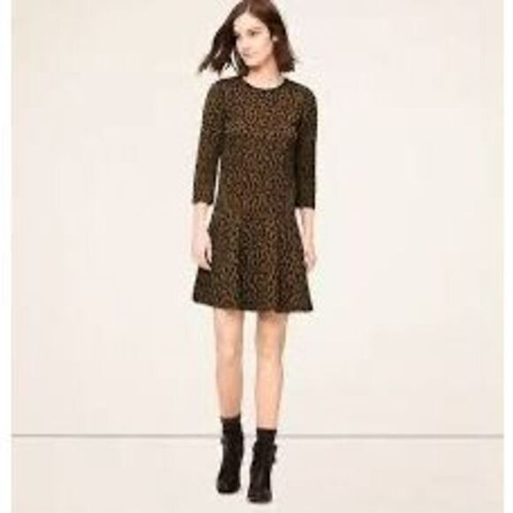Ann Taylor Loft Size S Animal Print Drop Waist Mini Dress Brown Black Spot Flare - Picture 8 of 16